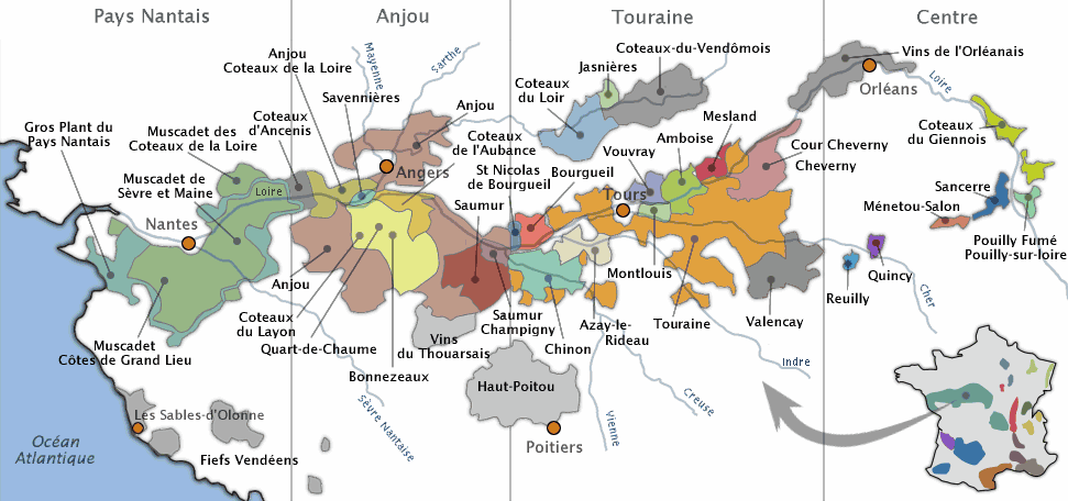 Carte des vignobles du Val de Loire.